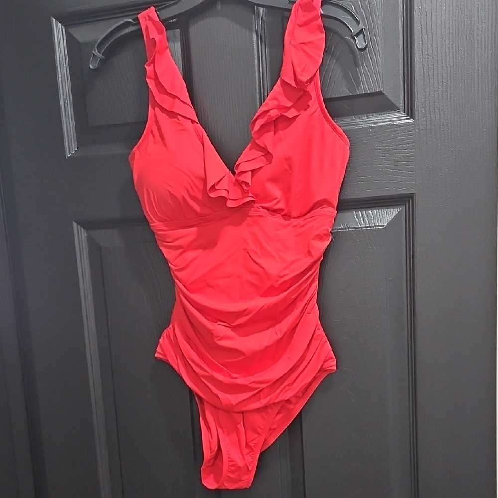 Ralph Lauren Red Ruffle V-Neck One-Piece Swimsuit